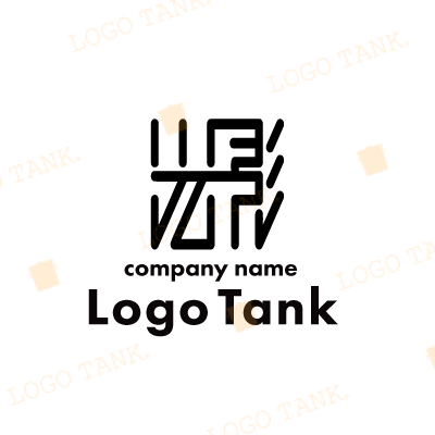 四角い線が組み合わさって漢字のような模様のロゴ