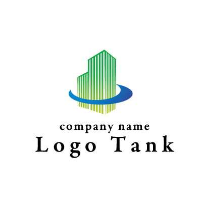 2棟のビルを囲むような曲線のイラストのロゴ ロゴタンク 企業 店舗ロゴ シンボルマーク格安作成販売