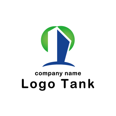 ビルが立っていて円を背景にしたロゴ ロゴタンク 企業 店舗ロゴ シンボルマーク格安作成販売