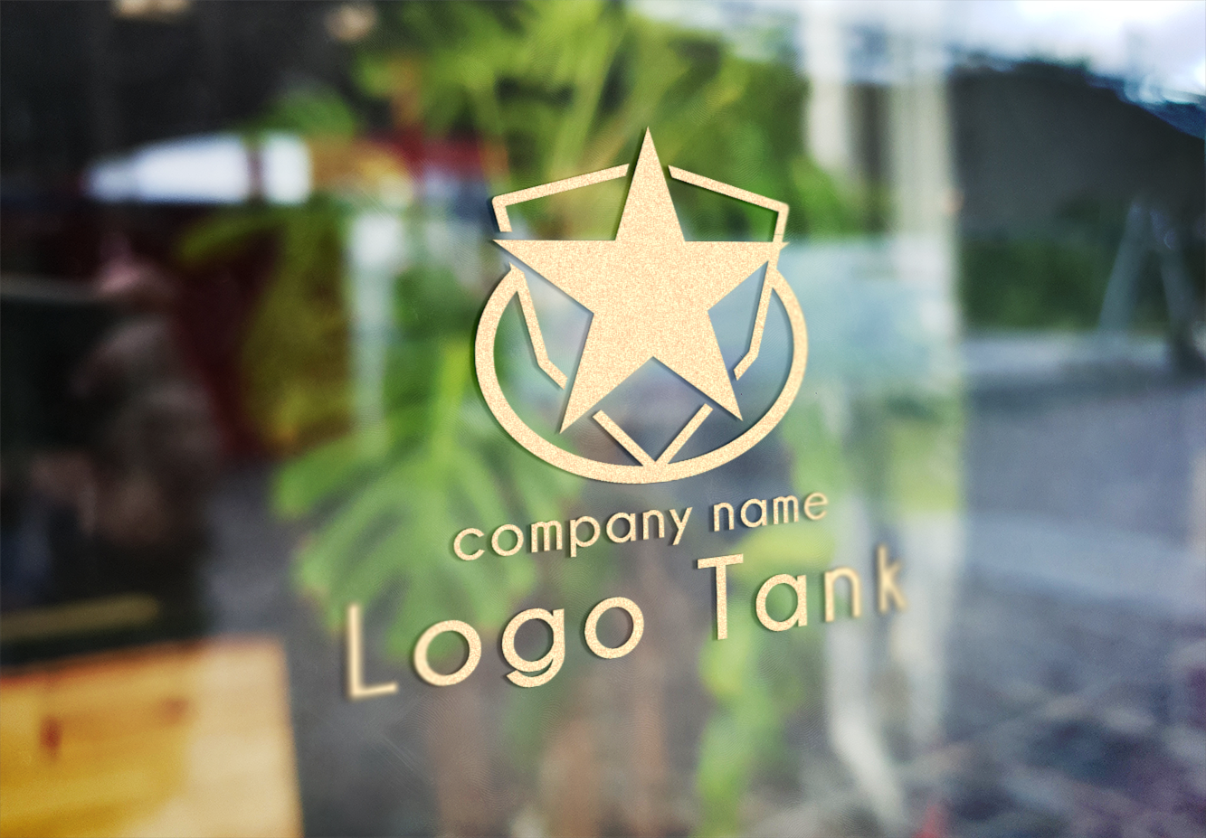 ショーウィンドウにカッティングシート施工したイメージ | 青い星とシールドモチーフのロゴマーク