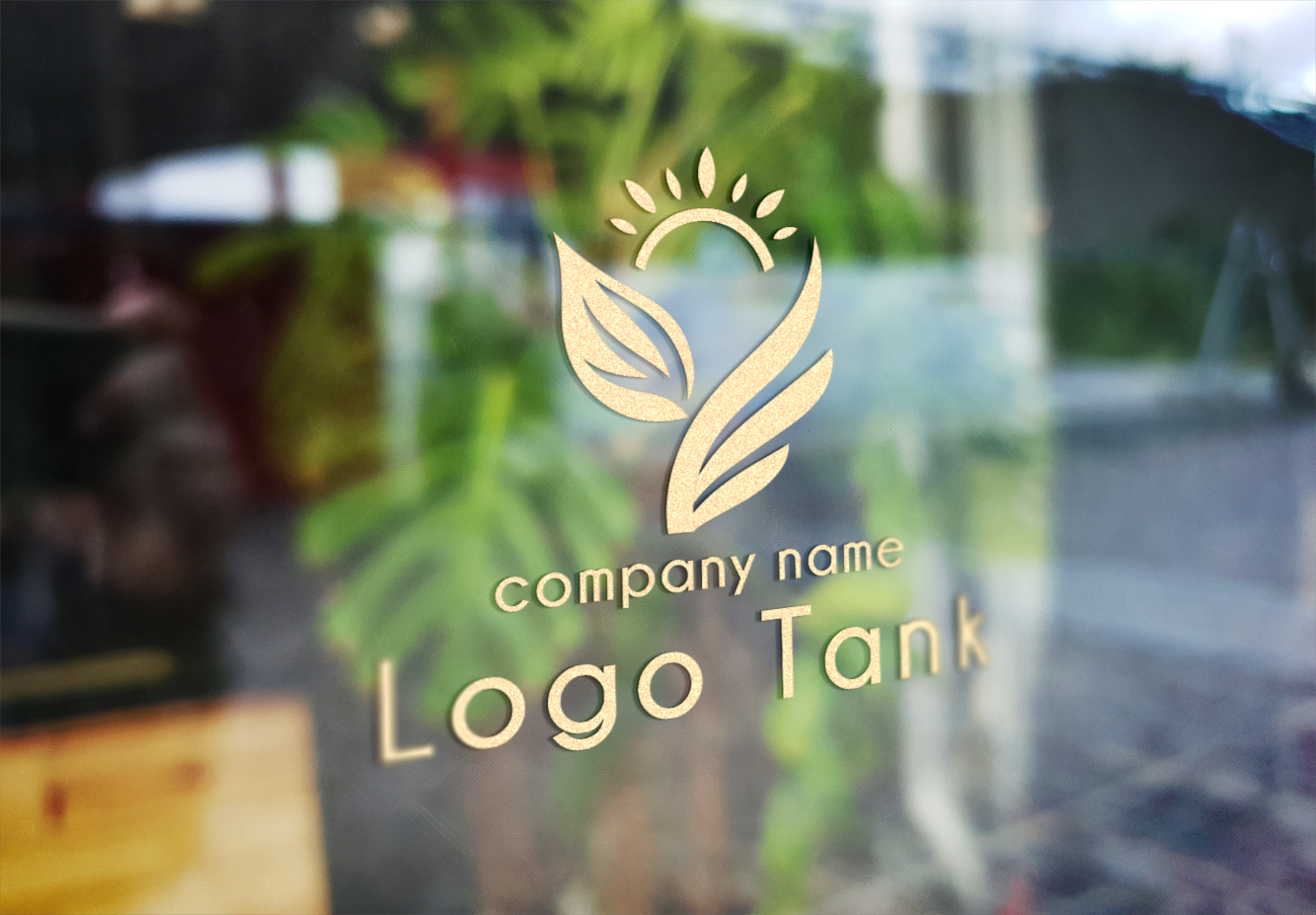 ショーウィンドウにカッティングシート施工したイメージ | 太陽、葉っぱ、翼のロゴマーク