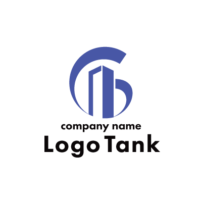 ビルのような縦ラインと円のロゴ