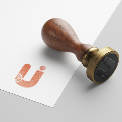 ゴム印・スタンプ作成 | 茶色いU字型と花のロゴ