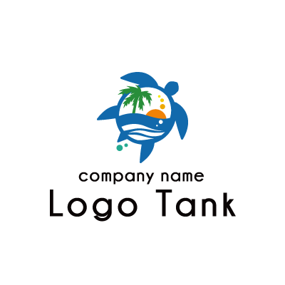 海ガメ・ヤシの木・水平線に沈む夕陽をイメージしたロゴ