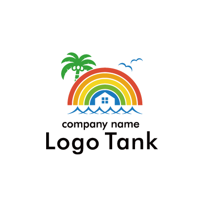 虹の下にある小さな家とヤシの木、波のロゴ