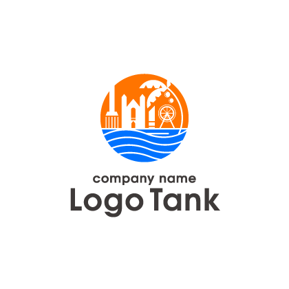 太陽と波を背景にした建物