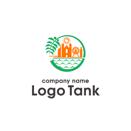 木と建物の景観を描き、爽やかな印象