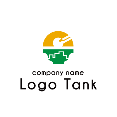 大盛りのご飯、太陽とオフィス街をイメージしたロゴ