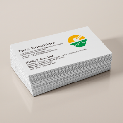 名刺・ショップカード作成 | 大盛りのご飯、太陽とオフィス街をイメージしたロゴ