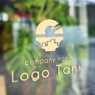 カッティングシート作成 | 大盛りのご飯、太陽とオフィス街をイメージしたロゴ