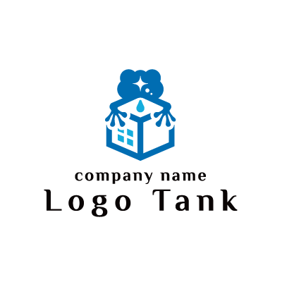 カエルが水漏れから家屋を守るイメージのロゴ