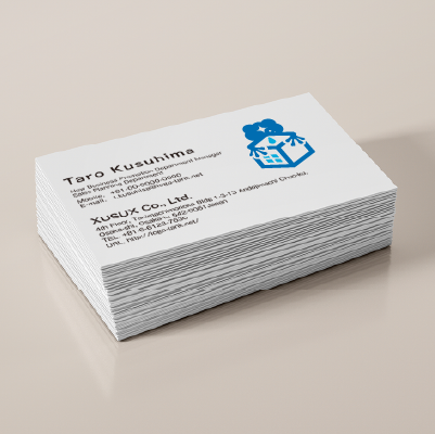 名刺・ショップカード作成 | カエルが水漏れから家屋を守るイメージのロゴ