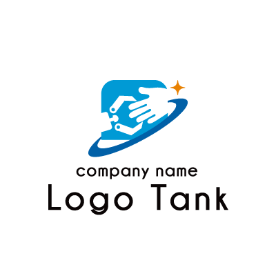 人と機械が手を取り合う様子をモチーフにしたロゴ